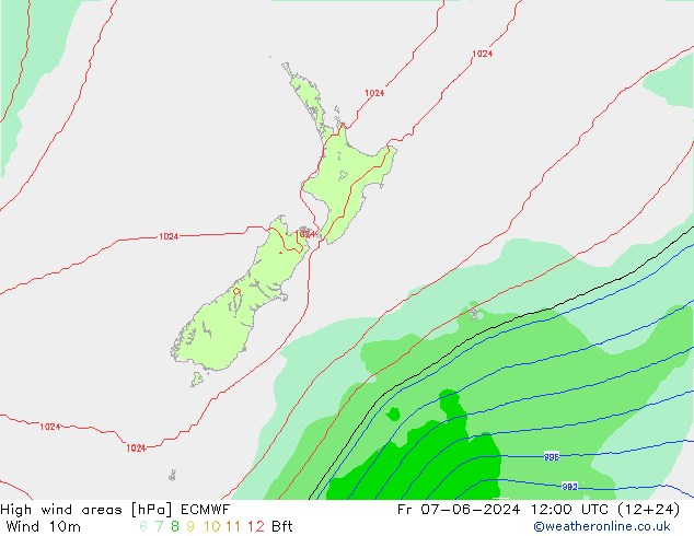 High wind areas ECMWF Pá 07.06.2024 12 UTC