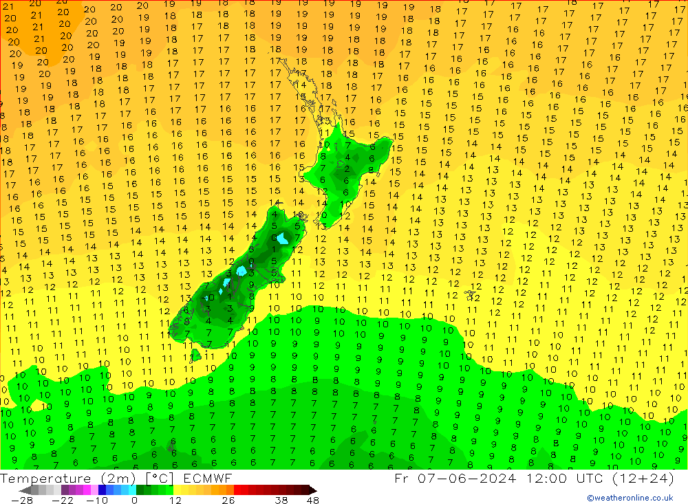 Temperature (2m) ECMWF Fr 07.06.2024 12 UTC