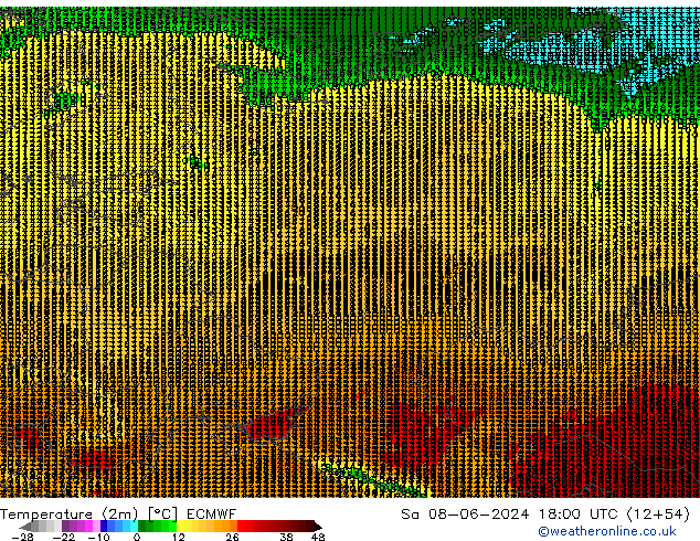 Temperature (2m) ECMWF Sa 08.06.2024 18 UTC