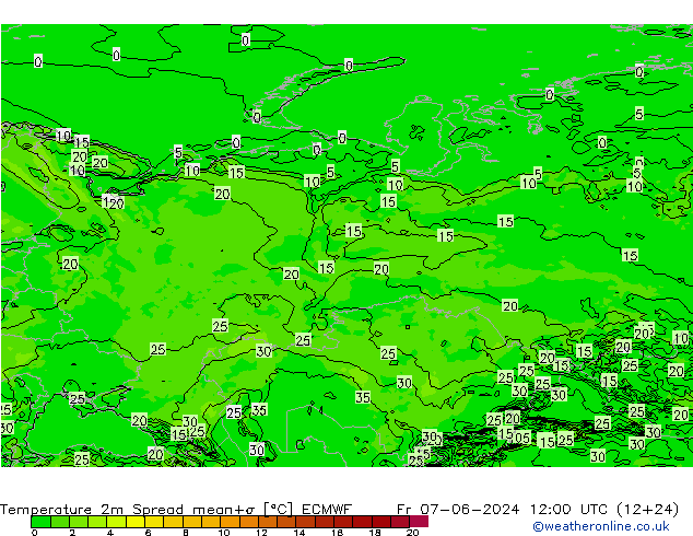 mapa temperatury 2m Spread ECMWF pt. 07.06.2024 12 UTC