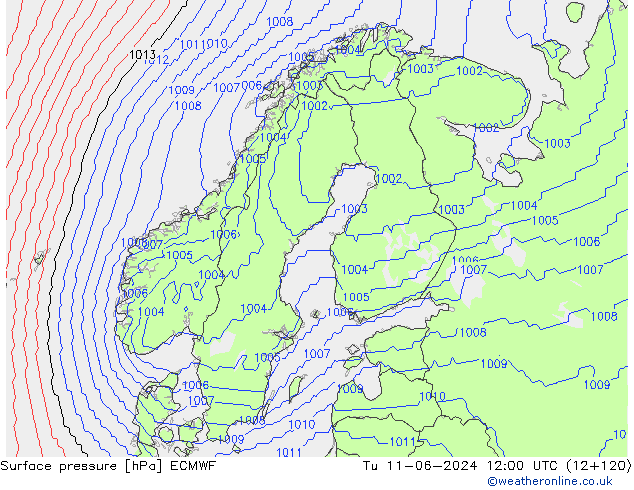 Surface pressure ECMWF Tu 11.06.2024 12 UTC