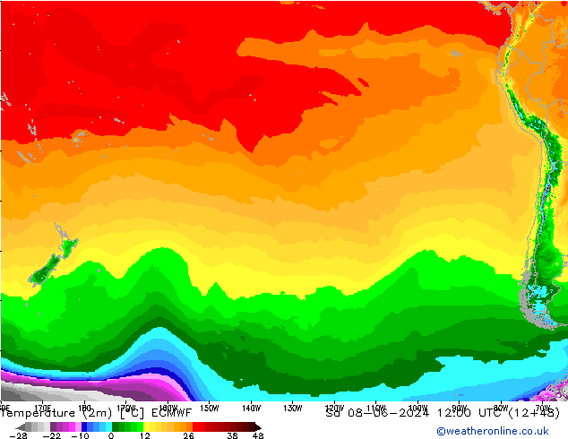 mapa temperatury (2m) ECMWF so. 08.06.2024 12 UTC