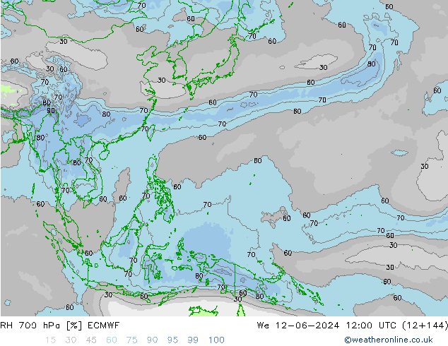 Humedad rel. 700hPa ECMWF mié 12.06.2024 12 UTC