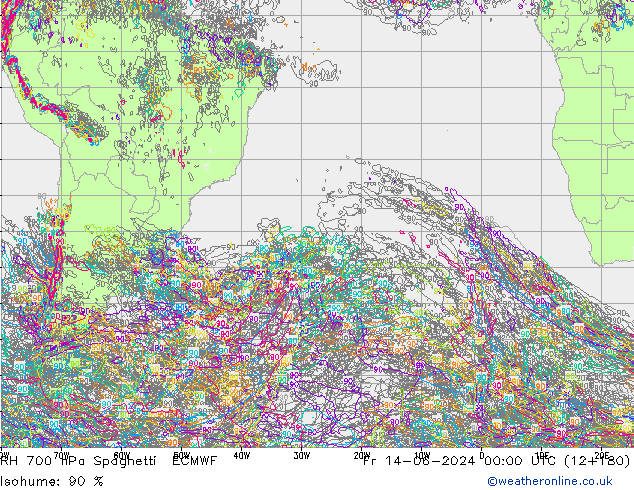 Humidité rel. 700 hPa Spaghetti ECMWF ven 14.06.2024 00 UTC