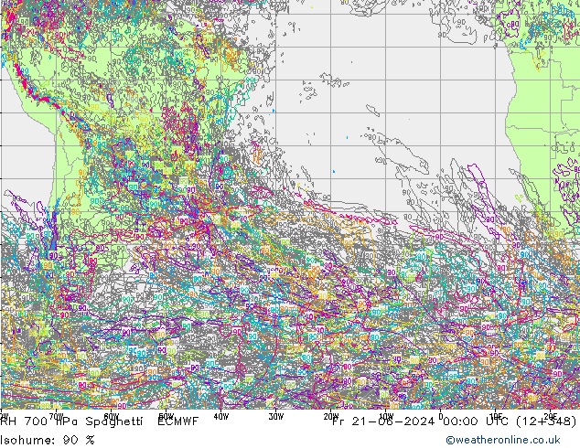 RH 700 hPa Spaghetti ECMWF Sex 21.06.2024 00 UTC