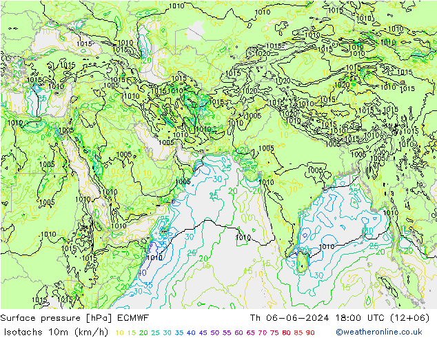 Isotachs (kph) ECMWF Qui 06.06.2024 18 UTC