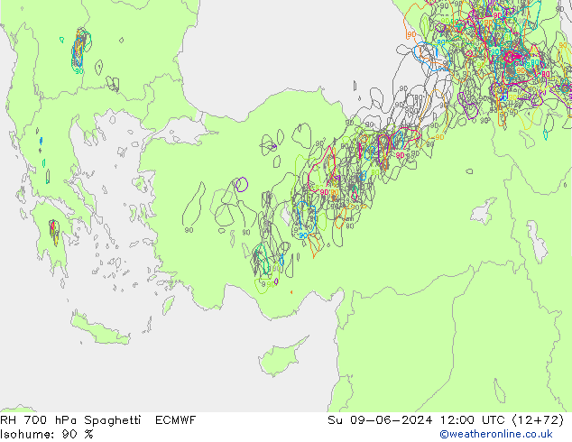 RH 700 hPa Spaghetti ECMWF So 09.06.2024 12 UTC