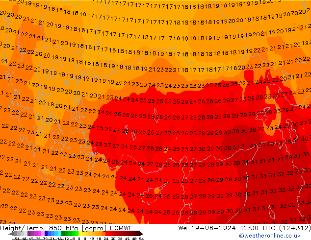 Hoogte/Temp. 850 hPa ECMWF wo 19.06.2024 12 UTC