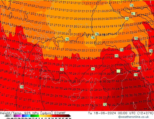 Yükseklik/Sıc. 925 hPa ECMWF Sa 18.06.2024 00 UTC