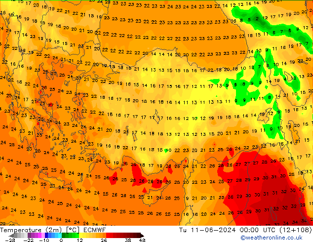 Temperatura (2m) ECMWF mar 11.06.2024 00 UTC