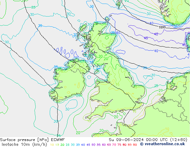 Isotachs (kph) ECMWF Ne 09.06.2024 00 UTC