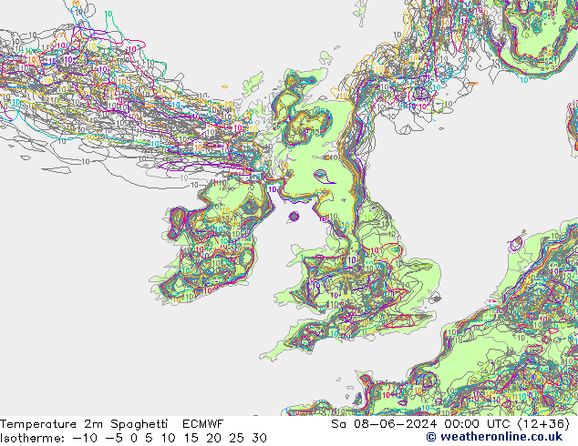 Temperatura 2m Spaghetti ECMWF sáb 08.06.2024 00 UTC