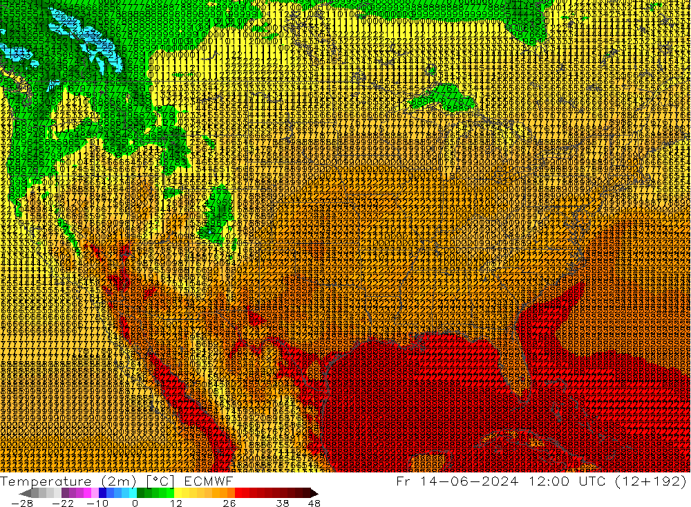 карта температуры ECMWF пт 14.06.2024 12 UTC