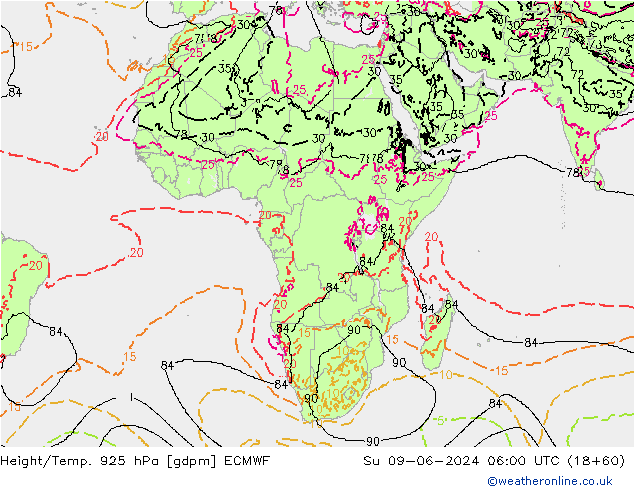 Height/Temp. 925 hPa ECMWF Dom 09.06.2024 06 UTC