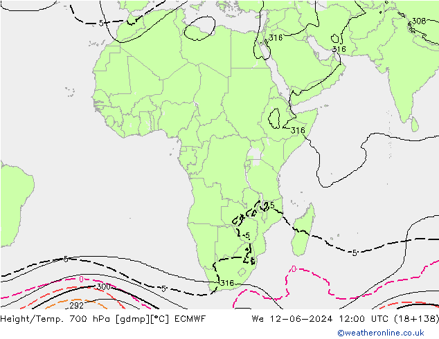 Height/Temp. 700 hPa ECMWF Qua 12.06.2024 12 UTC