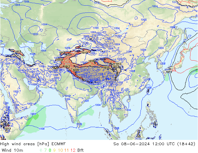 High wind areas ECMWF сб 08.06.2024 12 UTC