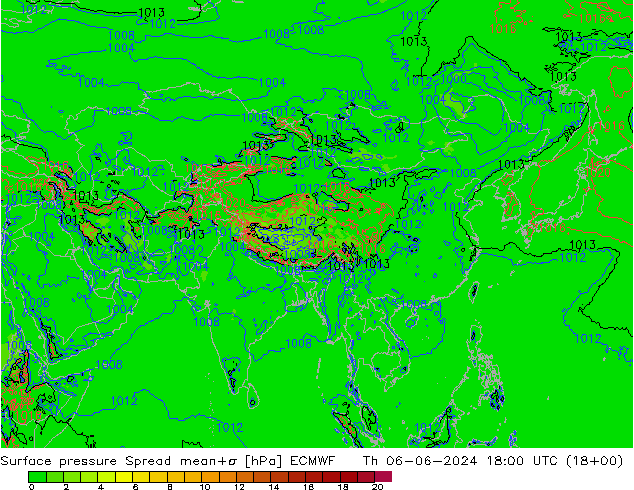 Surface pressure Spread ECMWF Th 06.06.2024 18 UTC