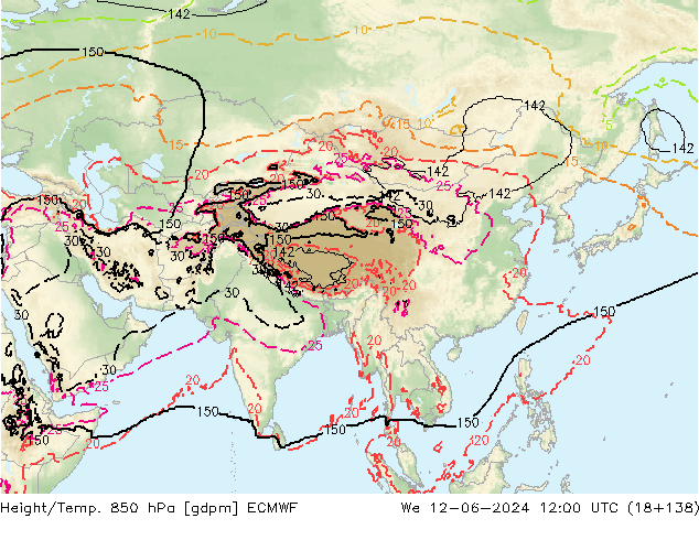 Height/Temp. 850 hPa ECMWF śro. 12.06.2024 12 UTC