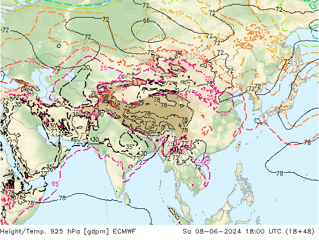 Height/Temp. 925 hPa ECMWF Sa 08.06.2024 18 UTC