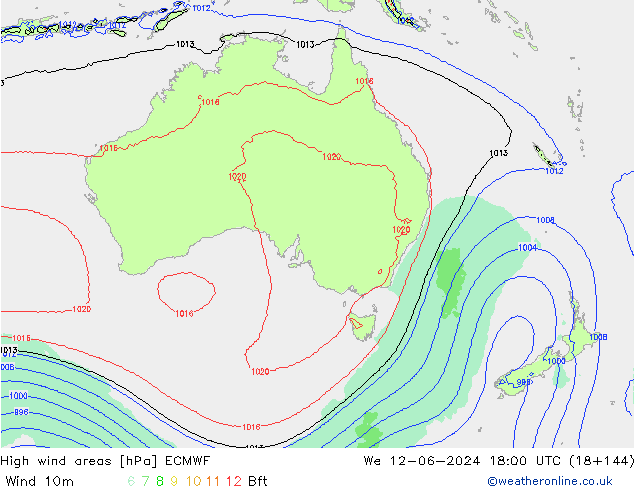 High wind areas ECMWF mer 12.06.2024 18 UTC