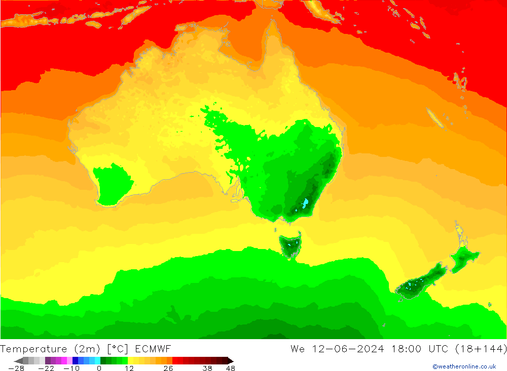 Temperatura (2m) ECMWF mer 12.06.2024 18 UTC