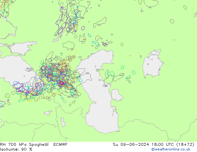 Humedad rel. 700hPa Spaghetti ECMWF dom 09.06.2024 18 UTC