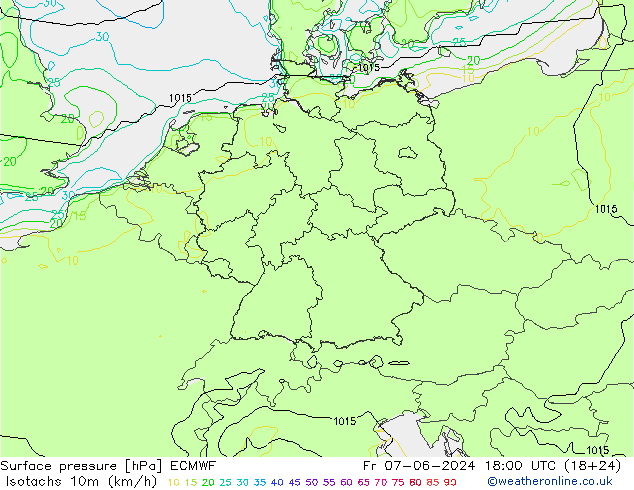 Isotachen (km/h) ECMWF vr 07.06.2024 18 UTC