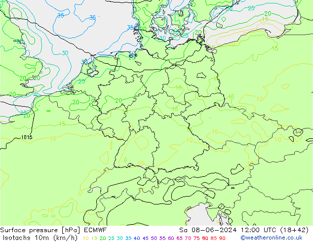 Isotachs (kph) ECMWF So 08.06.2024 12 UTC