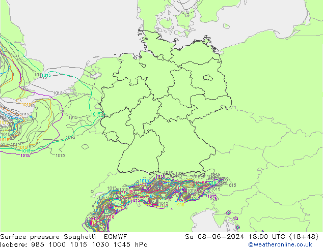 Surface pressure Spaghetti ECMWF Sa 08.06.2024 18 UTC