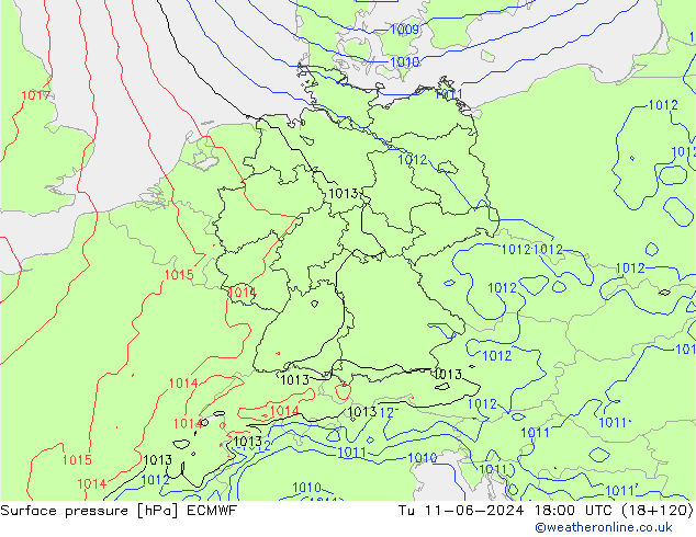 Atmosférický tlak ECMWF Út 11.06.2024 18 UTC