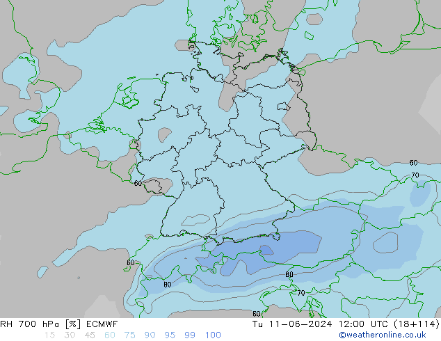 RH 700 hPa ECMWF Di 11.06.2024 12 UTC