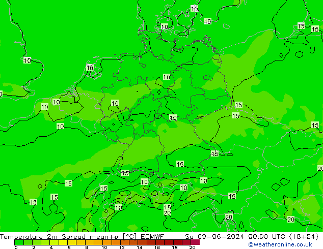 Temperatuurkaart Spread ECMWF zo 09.06.2024 00 UTC