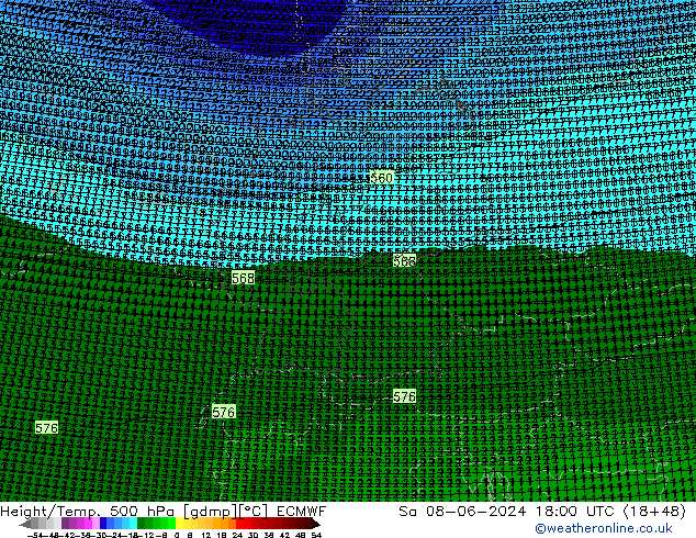 Hoogte/Temp. 500 hPa ECMWF za 08.06.2024 18 UTC