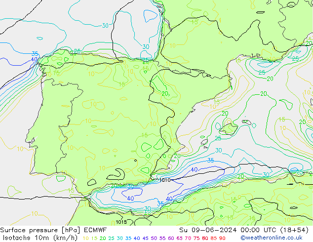 Isotachs (kph) ECMWF dom 09.06.2024 00 UTC