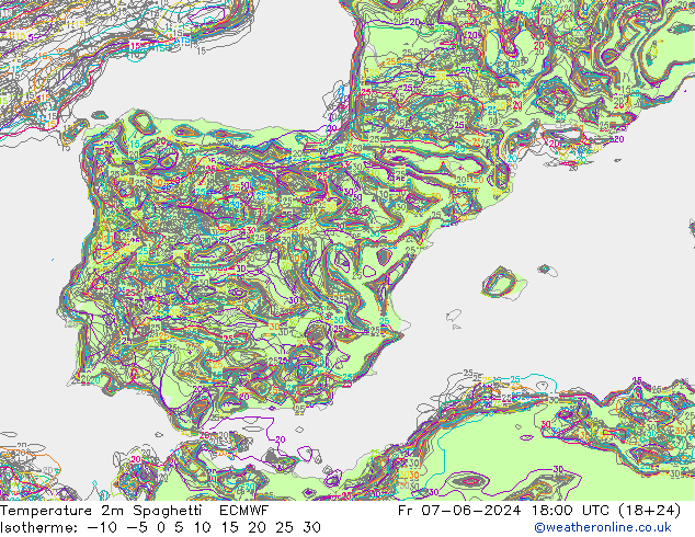 Temperature 2m Spaghetti ECMWF Fr 07.06.2024 18 UTC