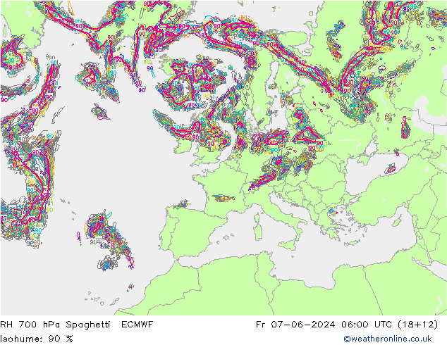 RH 700 hPa Spaghetti ECMWF Fr 07.06.2024 06 UTC