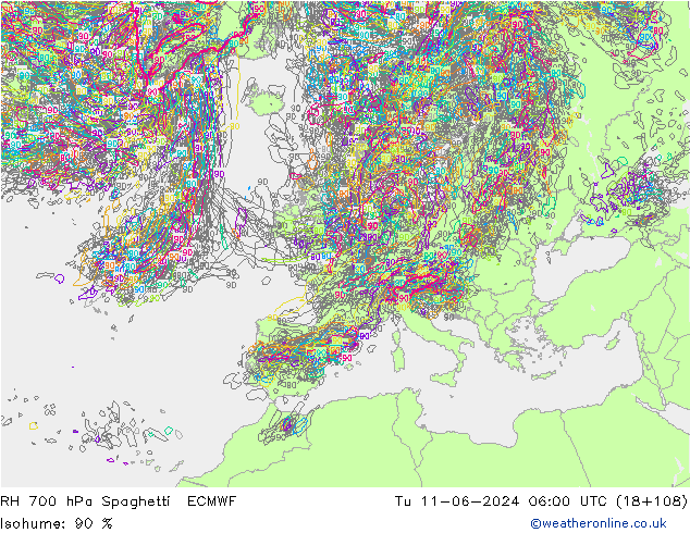 RH 700 hPa Spaghetti ECMWF Tu 11.06.2024 06 UTC