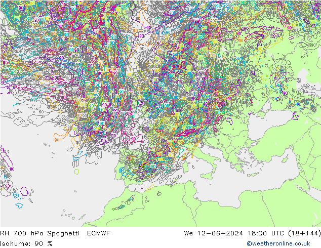 RH 700 hPa Spaghetti ECMWF Qua 12.06.2024 18 UTC