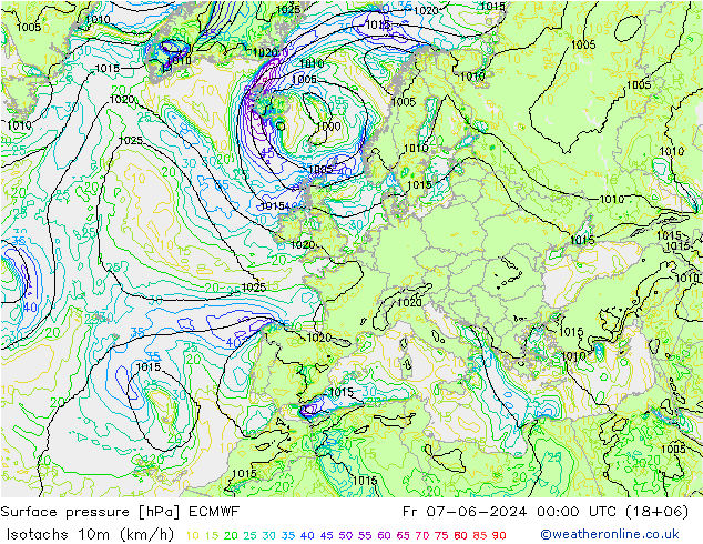 Isotachen (km/h) ECMWF vr 07.06.2024 00 UTC