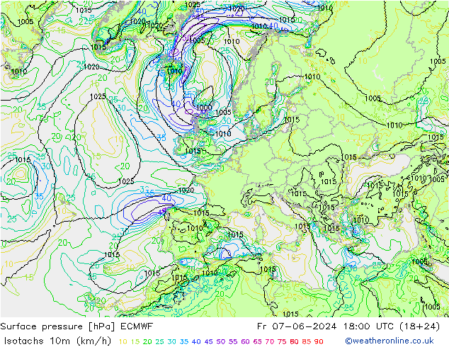 Eşrüzgar Hızları (km/sa) ECMWF Cu 07.06.2024 18 UTC