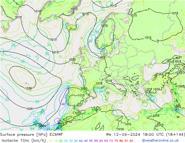 Isotachs (kph) ECMWF mer 12.06.2024 18 UTC