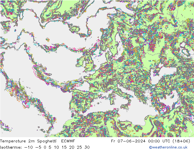 température 2m Spaghetti ECMWF ven 07.06.2024 00 UTC