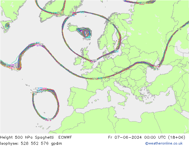 Height 500 hPa Spaghetti ECMWF Fr 07.06.2024 00 UTC