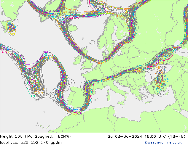 Height 500 hPa Spaghetti ECMWF Sa 08.06.2024 18 UTC