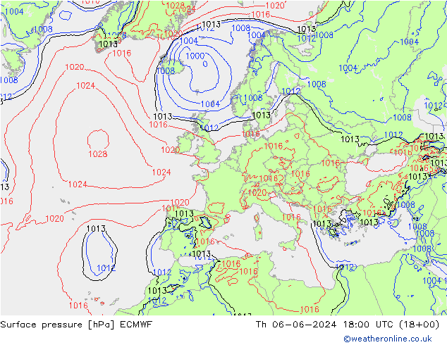 Presión superficial ECMWF jue 06.06.2024 18 UTC