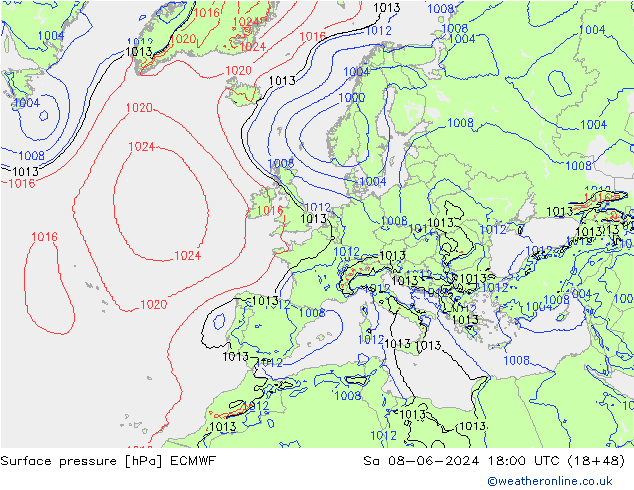 Bodendruck ECMWF Sa 08.06.2024 18 UTC
