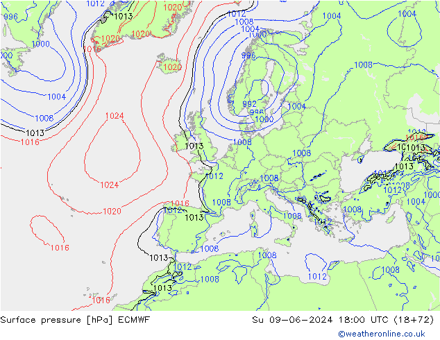 Luchtdruk (Grond) ECMWF zo 09.06.2024 18 UTC