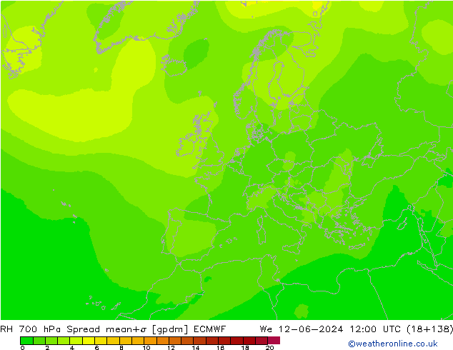 RH 700 hPa Spread ECMWF mer 12.06.2024 12 UTC