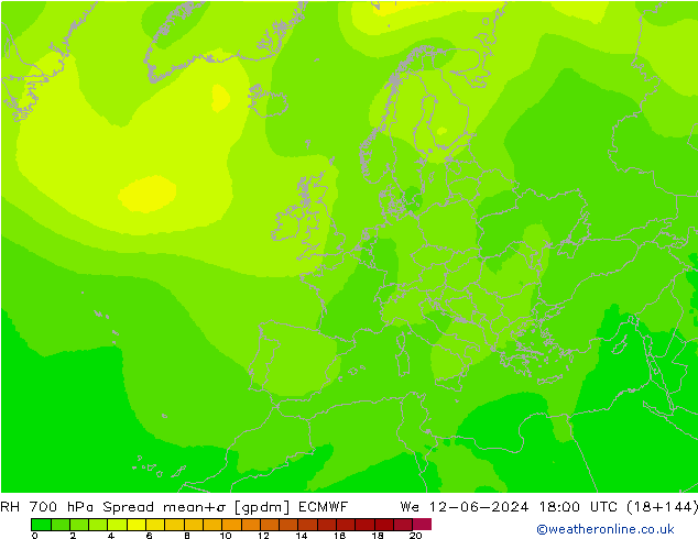 Humedad rel. 700hPa Spread ECMWF mié 12.06.2024 18 UTC