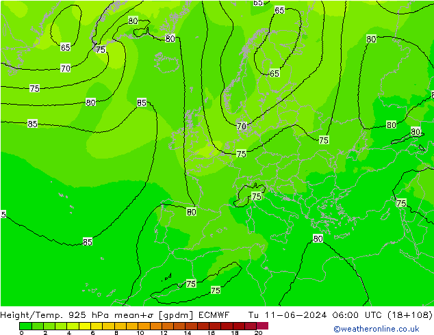 Height/Temp. 925 hPa ECMWF Di 11.06.2024 06 UTC